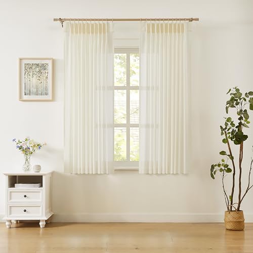 "WEST LAKE Short Egret Ivory Pinch Pleated Sheer Curtains 63 Inches Long - Cream Farmhouse Sheer Drapes,Retro Lightweight Bedroom Living Room Window Treatment for Track,58""Wx63""Lx2"
