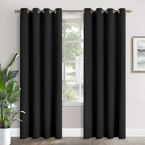 YoungsTex 90 Inch Long Blackout Curtains for Bedroom - Thermal Insulated Drapes with Grommet Room Darkening Privacy Floor Length for Living Room Window, 2 Panels, 52 x 90 Inch, Black
