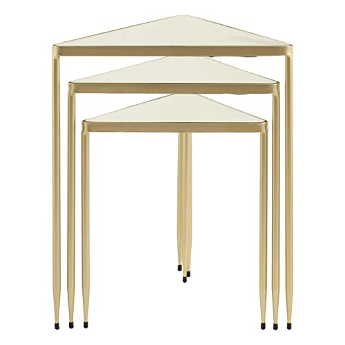 Premier Housewares Set Of 3 Rectangular Bedside Table For Lamp Mirror Tops With Champagne Finish Tables For Living Room Modern Metal Frame Table For Sides With Geometric Frame w46 x d40 x h55cm