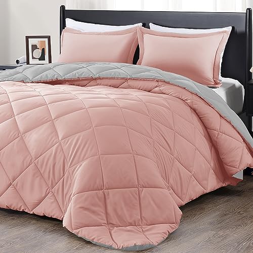 "downluxe Queen Comforter Set - Pink and Grey, Soft Bedding Comforter Sets for All Seasons - 3 Pieces - 1 Comforter (88""x92"") and 2 Pillow Shams(20""x26"")"