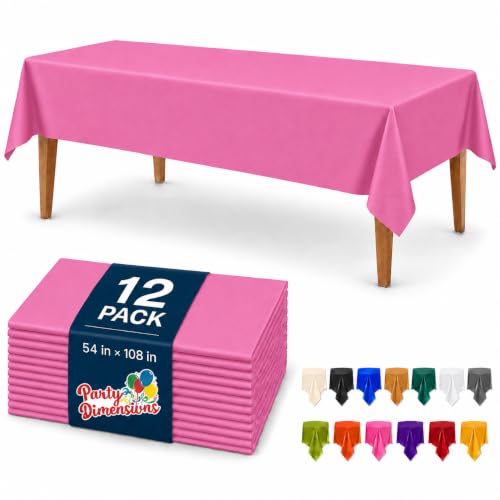 Party Dimensions Pink Plastic Tablecloths, 12 Pack, 54 x 108 Rectangle - Disposable Waterproof Plastic Table Cover for Birthdays, Weddings, Graduations, Picnics & BBQs, Indoor Outdoor, 6-8 ft Tables
