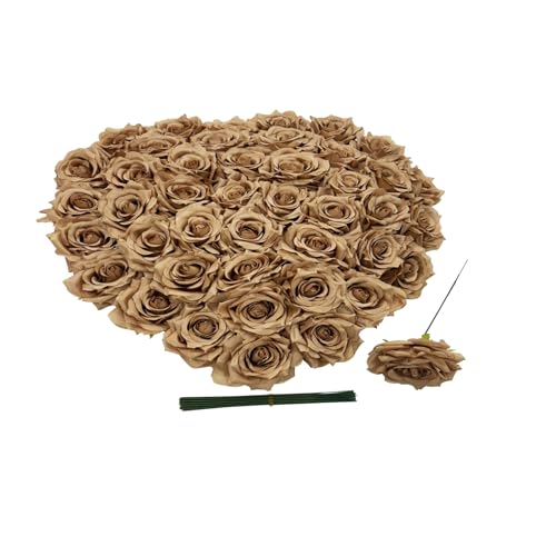 "Fake Flower Heads for Craft, 3.8"" Coffee Rose Heads Artificial Flowers, 35 Pcs Silk Rose Heads Bulk, Satin Rose Heads No Stem for DIY Flower Well. Crafts Bouquets (Coffee, 3.8)"
