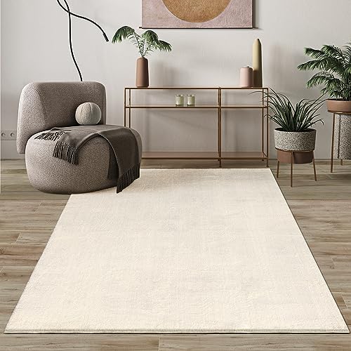 Mias Teppiche Comfort Modern Fluffy Short-Pile Carpet, Anti-Slip Backing, Washable up to 30 Degrees, Super Soft, Faux Fur Look, Beige, 120 cm round