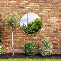 "MirrorOutlet The Circulus - Solid Gold Metal Framed Window Modern Round Circular Garden Wall Mirror 31"" X 31"" (80CM X 80CM) Silver Mirror Glass with Black All weather Backing."