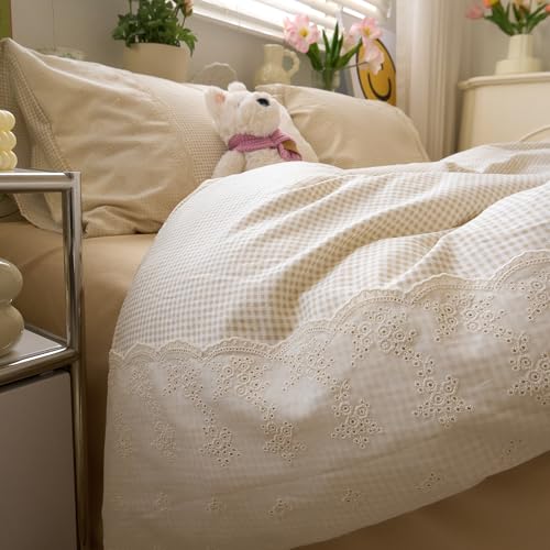 Tan Gingham Duvet Cover Twin XL 3 Pieces Romantic Lace Duvet Cover Vintage Plaid Checkered Comforter Cover with 2 Pillowcases Soft Microfiber Beige Tan Grid Farmhouse Plaid Bedding Set