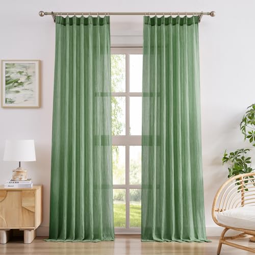 Melodieux Green Sheer Curtains 63 Inch Length, Pinch Pleated Light Filtering Kitchen Curtains & Drapes with Hooks, Back Tab Window Curtain Panels for Cafe, Set of 2, 40x63 Inch, Light Green