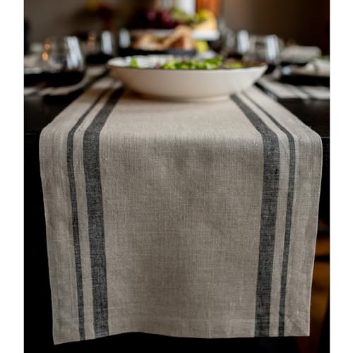 Solino Home 100% Pure Linen Table Runner, 14 x 108 in, Black, French Stripe - for dining, decor, party, black natural, indoor outdoor, gift, OEKO-TEX Certified - Fall, Halloween, Thanksgiving, Christmas