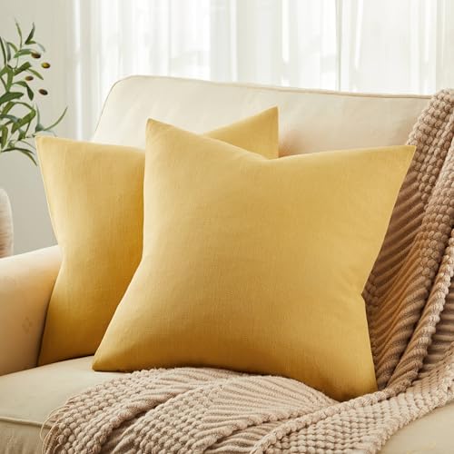 ZeeMart Rustic Linen Throw Pillow Covers Set of 2, Yellow 18x18in - Textured Pillow Case, Rustic Cotton Linen Fabric, Modern Farmhouse Cushion Covers for Sofa Bed Living Room Home Decor