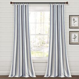 "Lush Decor Farmhouse Stripe Yarn Dyed Cotton Window Curtain Panel Pair, 42"" W x 84"" L, Navy - Classic Modern Rustic Charm - Eco Friendly Cotton Fabric(2 count pack of 1)"