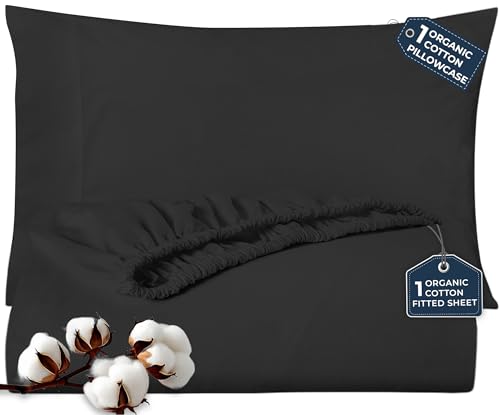 ROYALE LINENS 300 Thread Count 100% Long Staple Combed Cotton 2 Piece Twin 1 Fitted Sheet, 1 Pillow Case - Breathable, Cool & Crisp Percale Sheet Set (Twin, Black)