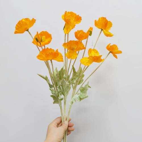 DODXIAOBEUL Poppy Flowers Artificial??? Poppy Silk Flowers with Stems???Ranunculus Artificial Flowers???Faux Flower Stems for Wedding,Party, Outdoor Indoor Decor Flower Arrangements for Table (3, Orange)
