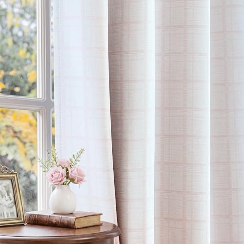Beauoop Pink Plaid Jacquard Blackout Curtains for Bedroom 52x63 2 Panels - Gingham Checkered Room Darkening Drapes for Living Room 63 Inch Long Thermal Insulated Soundproof Window treatment Grommet