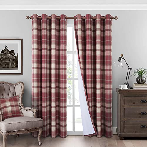 always4u Plaid Curtains 100% Blackout Thermal Drapes for Bedroom Check Woolen Look Farmhouse Living Room Curtains 2 Panels 54 * 84 Classic Red
