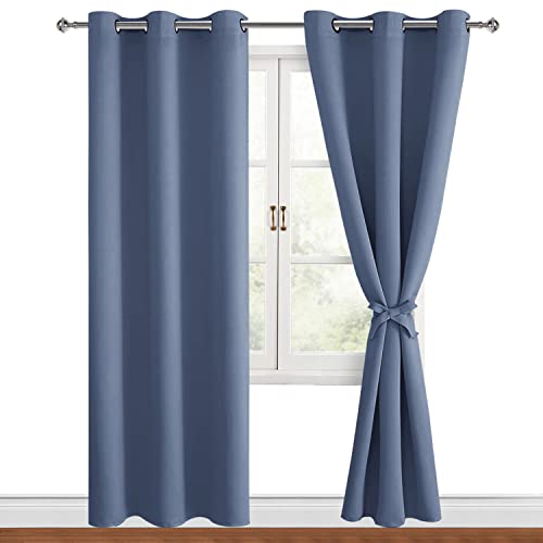 Hiasan Blackout Curtains for Bedroom, 42 x 84 Inches Long - Thermal Insulated & Light Blocking Window Curtains for Living Room, 2 Drape Panels Sewn with Tiebacks, Blue Haze