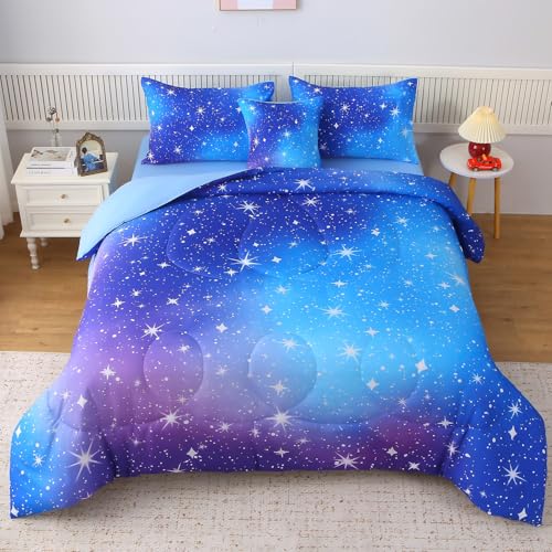 JQinHome Queen Ombre Blue Comforter Set, 6 Piece Bed in A Bag 3D Colorful Bedding Sets for Teen Girls (1 Comforter,2 Pillowcases,1 Flat Sheet,1 Fitted Sheet,1 Cushion Cover)(Star Blue)