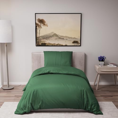 Dreamzie - Duvet cover 135 x 200 cm + 1 pillowcase 80 x 80 cm - Single Bed Linen ?? 90 x 190 cm ?? 2 Pieces ?? Plain Green ?? 100% Microfibre ?? Zip ?? Oeko-Tex ?? Non-Iron