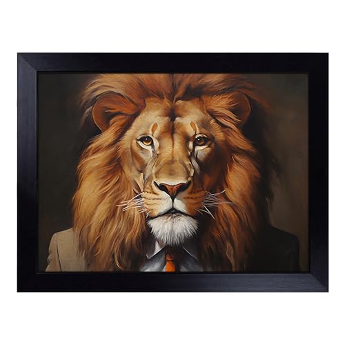 Lap Tray with Bean Bag Cushion, Lion In A Suit Painting - Handmade in the UK, Raised Wooden Edge, Padded Cushion, Heat-Resistant Wipe-Clean Surface, for Meals, Laptops and Crafts