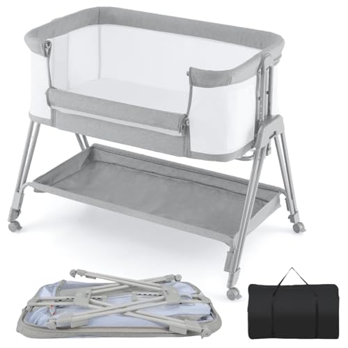 GYMAX Baby Bedside Crib, Foldable Infant Side Cot (Light Gray)