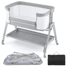 GYMAX Baby Bedside Crib, Foldable Infant Side Cot (Light Gray)