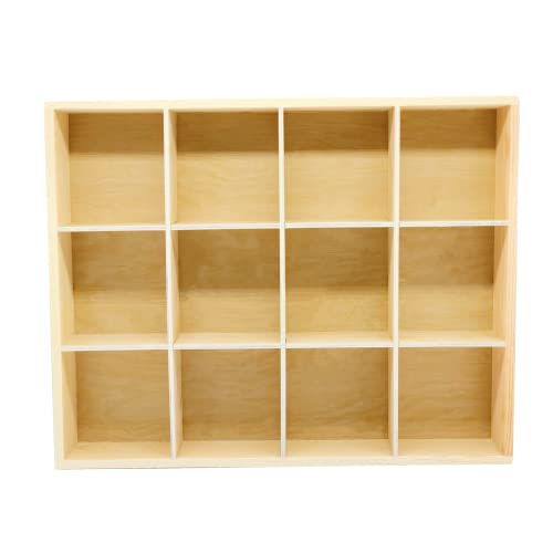 LONG TAO 1 Pcs 13.4''x10.6''x2'' Wooden Storage Divider Box Showcase Display Box Organization Tray Display Holder Tabletop Box with 12 Compartments for Home Craft Office Kitchen Storage