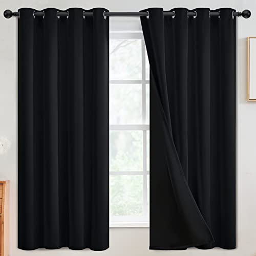 SimpleHome Black 100% Blackout Curtains Room Darkening Living Room 63 Inch - Curtains for Bedroom,Thermal Insulated Grommet Window Drapes,Curtains for Living Room with Black Back,52 x 63 Inch,2 Panels