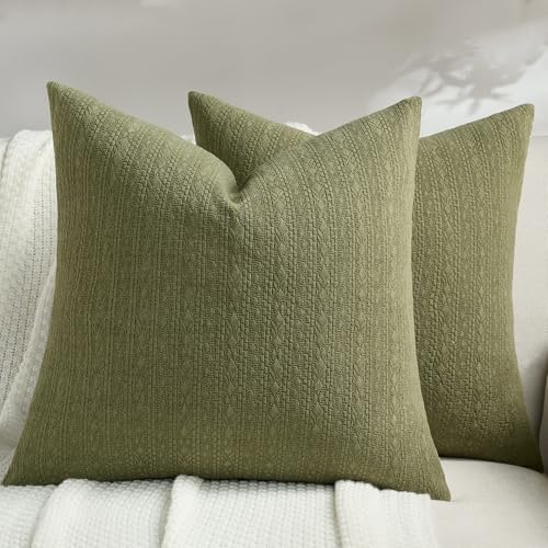 FUTEI Moss Green Chenille Throw Pillow Covers 16x16 Inch Set of 2,Luxuriously Soft Argyle Textured Cushion Cases,Modern Home Decor for Couch Living Room