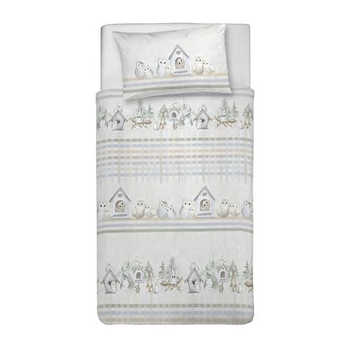 PENSIERI DELICATI 100% Cotton Single Duvet Cover Set, 155 x 200 cm and 1 Pillowcase 52 x 82 cm, Made in Italy, Duvet Cover Machine Washable At 40 Degrees, Green Owls Design