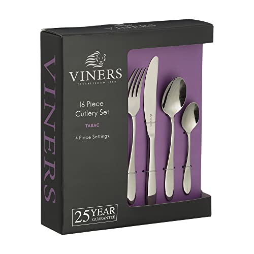 Viners Tabac Cutlery Set - 18/0 Stainless Steel - Set of 16 Pieces - Silver Mirror Finish - Serves 4 - Dishwasher Safe - Gift Box