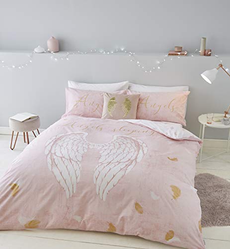 Catherine Lansfield Angel Wings Glitter Easy Care King Duvet Set Pink