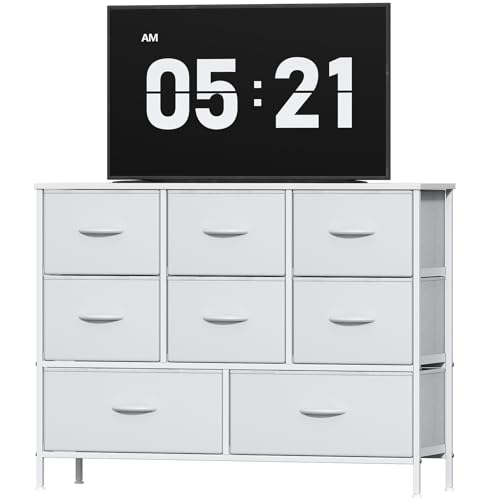 Feonase Chest of Drawers, Bedroom Dresser with 8 Fabric Drawers, Metal Frame & MDF Wood Top, Adjustable Feet, Storage Organizer Unit for Bedroom, Closet, Living Room, Hallway, White