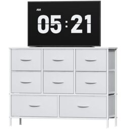 Feonase Chest of Drawers, Bedroom Dresser with 8 Fabric Drawers, Metal Frame & MDF Wood Top, Adjustable Feet, Storage Organizer Unit for Bedroom, Closet, Living Room, Hallway, White