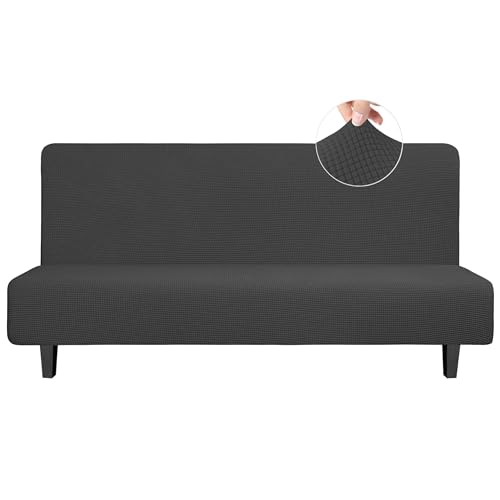 Easy-Going Stretch Sofa Slipcover Armless Sofa Cover Furniture Protector Without Armrests Slipcover Soft with Elastic Bottom for Kids, Spandex Jacquard Small Checks(futon, Dark Gray)