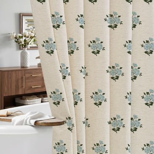 ORTIGIA Linen Blue Shower Curtains for Bathroom Boho Farmhouse Block Print Shower Curtain Set with Metal Hooks Floral Waterproof Aesthetic Rustic Fabric Bath Curtain for Home, Weighted, 72x72