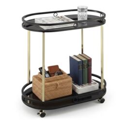 Relaxdays serving trolley, 2 tiers, glass & metal, black/gold