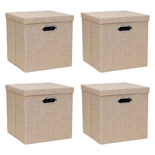 ArcaGuru Storage Bins with Lids, Collapsible Linen Fabric Boxes Organizer Containers with Lid Foldable Storage Box Basket for Closet, Shelves, Home, Office, 30.5 x 30.5 x 30.5 CM, 4 Pack, Khaki