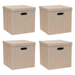 ArcaGuru Storage Bins with Lids, Collapsible Linen Fabric Boxes Organizer Containers with Lid Foldable Storage Box Basket for Closet, Shelves, Home, Office, 30.5 x 30.5 x 30.5 CM, 4 Pack, Khaki