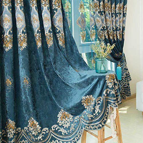 Amidoudou 1 Pair European Luxury Embroidered Curtains for Living Room Bedroom Chenille Curtains (Blue,51x95 Inch)