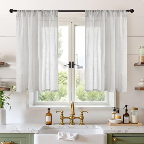 BGment Light Grey Linen Curtains 40 Inch Length - Rod Pocket Kitchen Drapes Light Filtering for Bathroom Window Lightweight, 2 Panels Set, 42 X 40 Inch