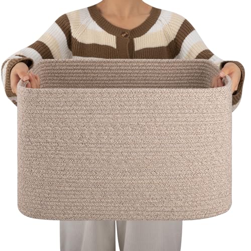 OIAHOMY Cotton Rope Rectangle Woven Nursery Blanket Basket, Toy Storage Basket with Handle, 18”x14”x12”, Brown Variegated