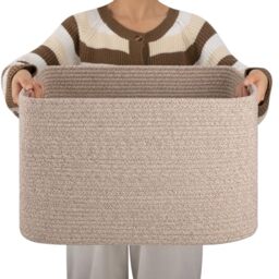 OIAHOMY Cotton Rope Rectangle Woven Nursery Blanket Basket, Toy Storage Basket with Handle, 18”x14”x12”, Brown Variegated