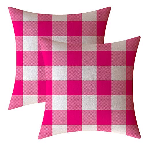 AHAHM Pink and White Buffalo Check Plaid Throw Pillows Farmhouse Decorative Throw Pillow Case Indoor Outdoor Cushion Cover Pillowcase for Sofa 18 x 18 Inch Set of 2