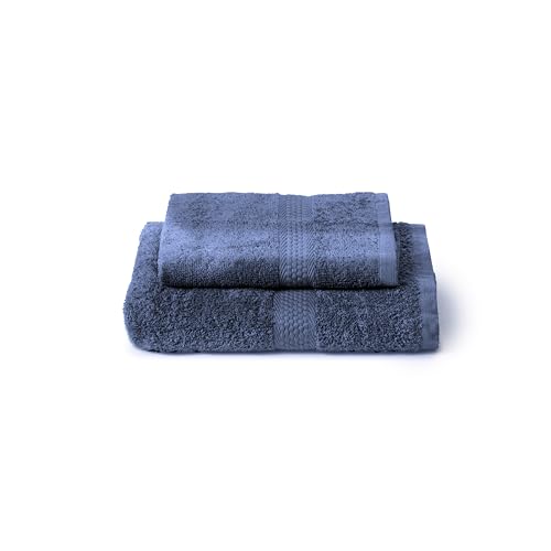 Caleffi Cotton Bidet and Face Towel Set, Wash-resistant Towels, Includes 1 Face Towel 55 x 100 cm and 1 Guest Bidet Towel 40 x 60 cm, 2 Piece Towels, Indigo