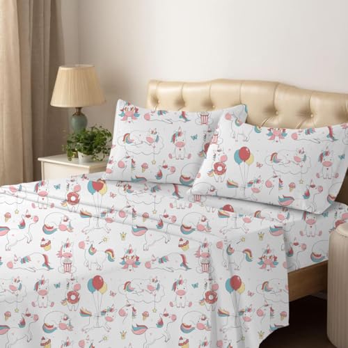 Shreem Linen Twin Sheet Set - 4 Piece Bedding - Brushed Microfiber Soft Sheets for Twin Size Bed with Flat,Fitted Sheet,2 Pillow Cases (Pink Unicorn)