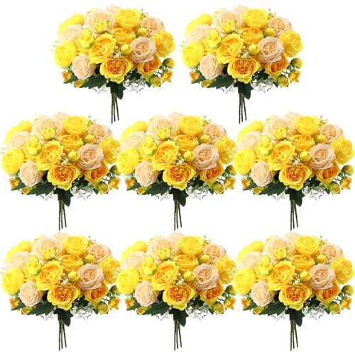 Geosar 8 Bundles Artificial Peonies Flowers Fake Silk Peony Bouquet Faux Peonies Flowers Bulk for Decoration Vase Floral Arrangements Wedding Party Table (Yellow,Champagne)