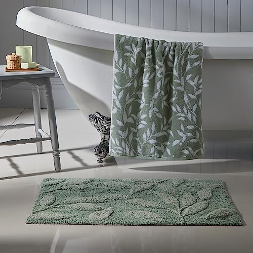 Dreams & Drapes Leaf Bath Mat – Sage Green Botanical Bathroom Rug – 100% Cotton Soft Touch – Absorbent Non-Slip Mat for Bath & Shower – 50 x 80cm – Floral Bathroom Accessory