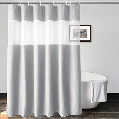 UFRIDAY Waffle Weave Fabric Shower Curtain with Mesh Window,Grey Shower Curtain Fabric 71 x 74 inch, Heavy Duty Decorative Bathroom Curtain with White Pique, Spa-Like Hotel Luxury, Water-Repellent