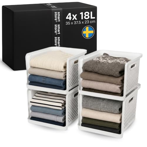 SmartStore 4x Wardrobe Storage Organiser 18L Off White with Handles - 35x37.5x23cm - Open Front Vertical Storage Tower - Space-Saving Stackable Storage Basket - Made in Sweden - 10 Year Guarantee