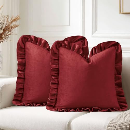 JIUZHEN Couch Throw Pillow Covers 16x16 Inch???Velvet Decorative Soild Throw Pillow Covers for Sofa Livingroom Bed???Set of 2 with Ruffles???Burgundy