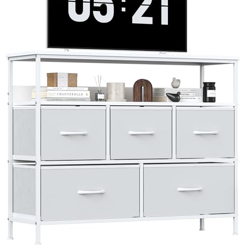 KU Syang 5-Drawer Chest of Drawers with TV Stand - Heavy-Duty Steel Frame & Scratch-Resistant MDF Top - Multi-Functional Storage Unit with Fabric Drawers for Bedroom & Living Room Hallway White