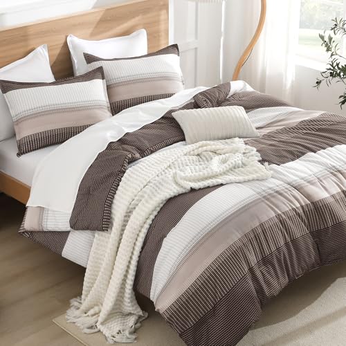 Litanika Queen Comforter Set - 3 Pieces Stripe Bedding Comforter Sets - Chocolate Men Fluffy Lightweight Soft Colorblock Down Alternative All Season Bed Set